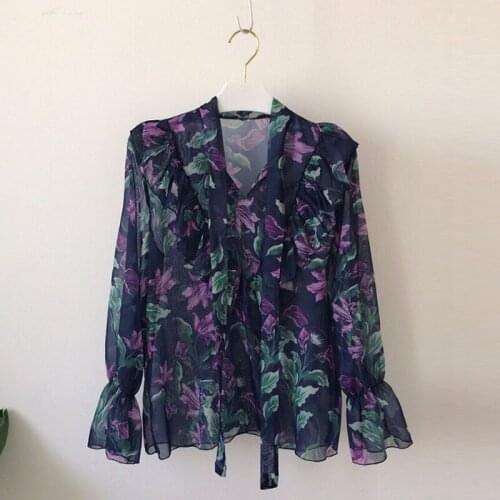 Women Blouses Sexy V Neck Floral Print Lacing Shirts Sexy Sweet Long Sleeve Chiffon Blouse Office Ladies Shirt Tops