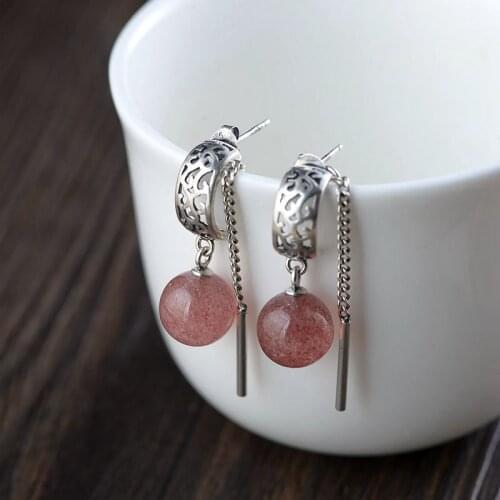 FNJ Strawberry Quartz Earrings 925 Silver 100% Pure Original S925 Silver Sterling Tassel Drop Earring for Women Jewelry
