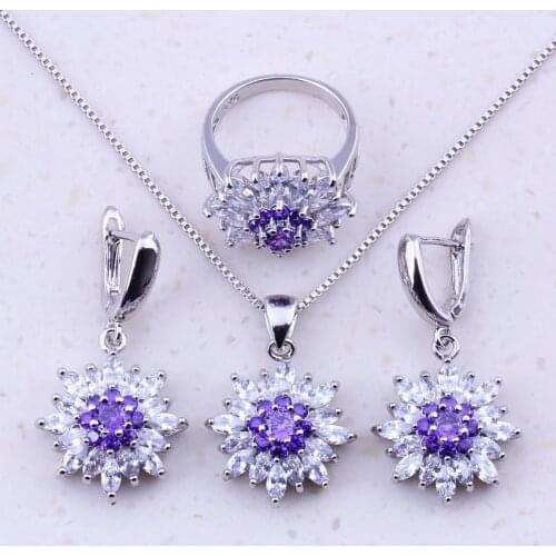 Gorgeous Purple Crystal & Cubic Zircon Sterling Flower Jewelry Sets For Women Fashion Jewelry J0038