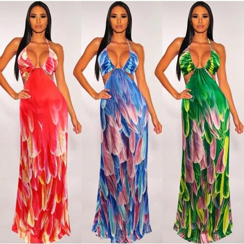 2021 Bohemian Style Female Sexy Long Dress Ladies Feathers Print Sleeveless Spaghetti Strap Summer Beach Dress