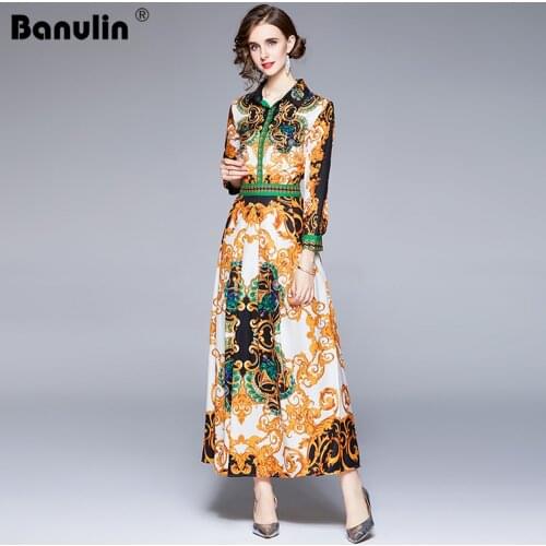 Banulin Runway Fashion 2021 Autumn Women Dresses Long Sleeve Shirt Dress Vintage Paisley Print Elegant Long Party Dress N56655