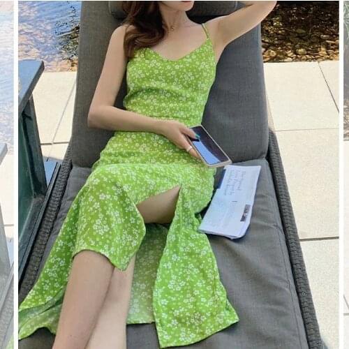 French retro green floral dress 2021 new summer high waist slim sling long skirt seaside holiday dress women Beach Style