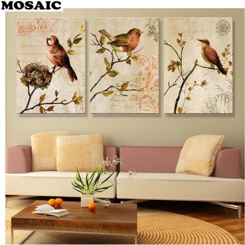 3 Panel Flower And Birds Mosaic Full Square round Diamond Embroidery sale Diamond Painting Cross Stitch flower animal home decor