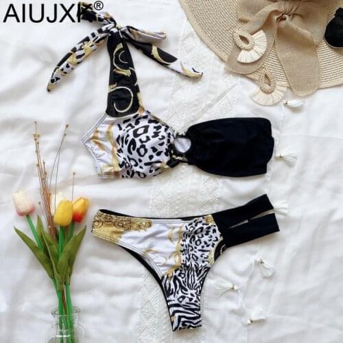 AIUJXK New 2021 One Shoulder Leopard Patchwork 2 Piece Swimsuit Women Lingerie Set Summer Biquini Bra And Panty Underwear Set