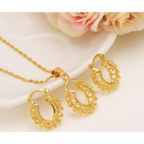 Bangrui Ethiopian Gold Color set Jewelry Pendant Chain Earrings African Bride Wedding Flower Bijoux