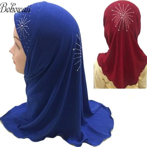 BOHOWAII Hair Bonnet Fashion Kids Hijab Scarf Muslim Hijabs Islamic Arab Girls Head Wrap Cap Hidjab with Diamond Jersey Turban