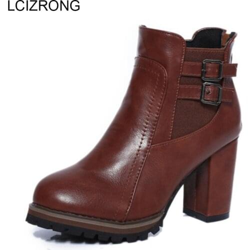LCIZRONG Winter Leather 8.5CM High Heel Ankle Boots Women Large Size England Style Solid Ladies Autumn Boots Fashion Sexy Boots