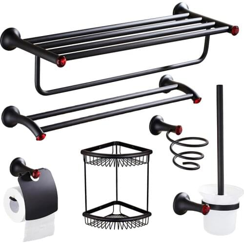 Black Bathroom Accessories Sets Wall Mounted Red crystal Antique WC Paper Towel Holder Toilet Brush Holder Bathroom Hardware