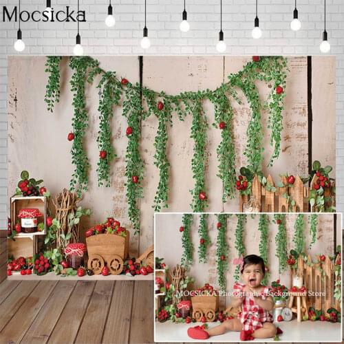 Mocsicka Photography Backdrop Wood Wall Strawberry Fruit Party Cake Smash Baby Birthday Portrait Decor Background Photo Studio