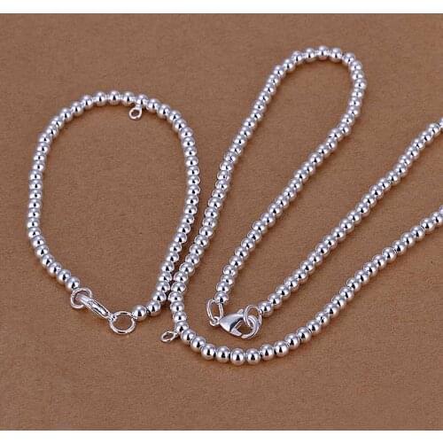 Hot sell Fashion Design silver plated jewelry sets 4MM Beads necklace&Bracelet charm