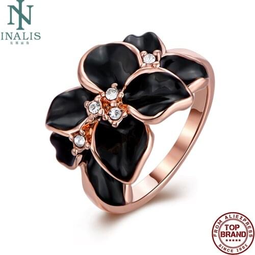 INALIS Flower Women Rings Fashion Black Design Crystal Jewelry New Year Party Elegant Ring High Quality Gift For Girlfriend