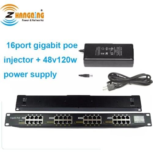 1U "19" Rackmount Surveillance PoE Patch Panel Injector 16 Port And 48V 120W Power Supply 802.3af/at Standard
