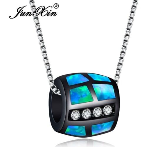 JUNXIN New Fashion Ocean Blue/White Fire Opal Necklace Black Gold Filled Cylinder Pendants For Women Round Crystal Zircon Gifts
