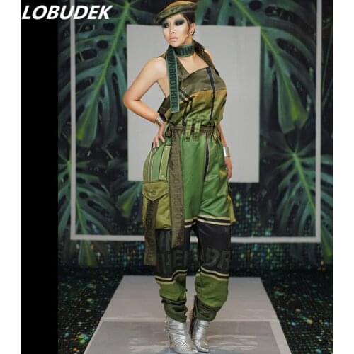 Men Women Jumpsuit Army Green Overalls Uniform Sleeveless Loose Rompers Bar Nightclub Stage Singer Dancer Performance Costume