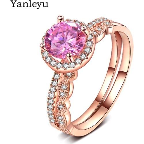 Yanleyu 2pcs Rings Sets Rose Gold Color Fashion Jewelry 2CT Pink Cubic Zirconia CZ Wedding Rings for Women Christmas Gift PR048