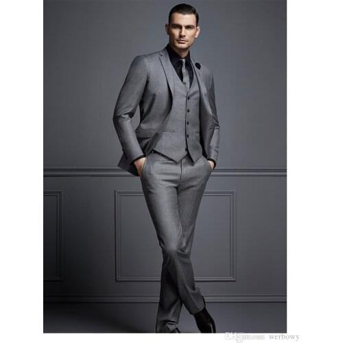 Handsome Dark Grey Mens Suit New Fashion Groom Suit Wedding Suits For Best Men Slim Fit Groom Tuxedos For Man(Jacket+Vest+Pants)