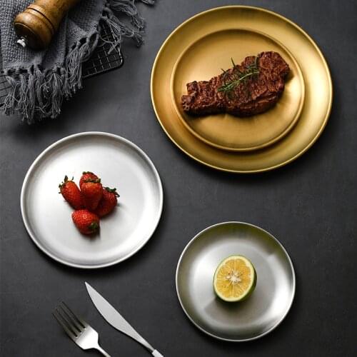 3 Pieces Stainless Steel Plates Vintage Quality Silver/Gold Color Round Kitchenware For BBQ Steak Fruit Camping Plates