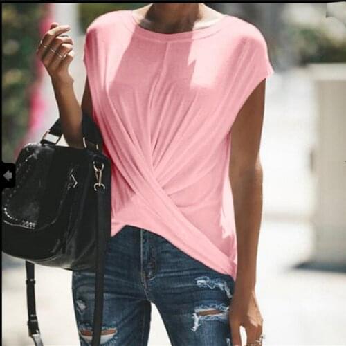 Summer Polyester Womens T-Shirt Round Collar Short Sleeve Pullover Solid Loose Fashion Casual T-Shirt