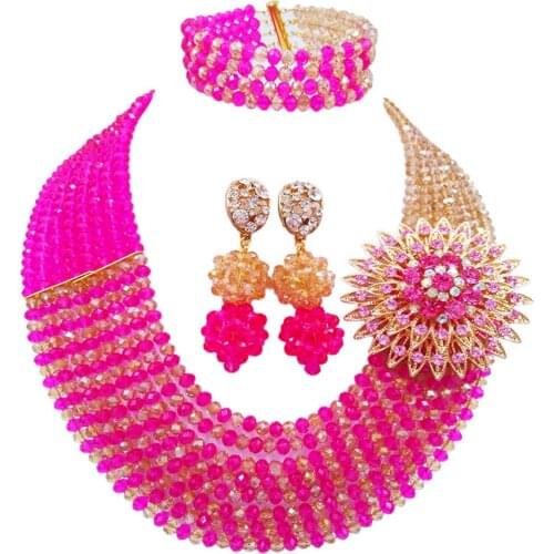 Fashion Fuchsia Pink Champagne Gold AB African Jewelry Set Crystal Beads Statement Necklace Sets 8JBK07