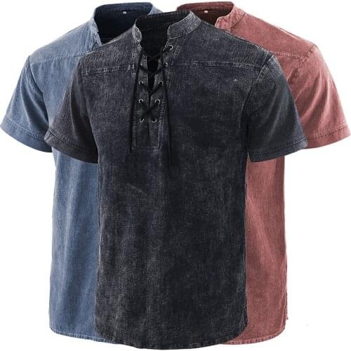 Men Medieval Costume Short Sleeve Cotton Retro T-shirt Viking Pirate Renaissance Cosplay Rope Loose Solid Personality Top S-3XL