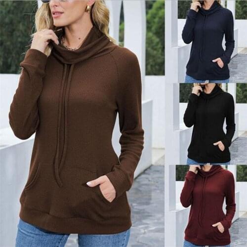 New Autumn Womens Pullover Solid Long Sleeve Waffle Turtleneck Top Casual Pocket Warm Knitwear