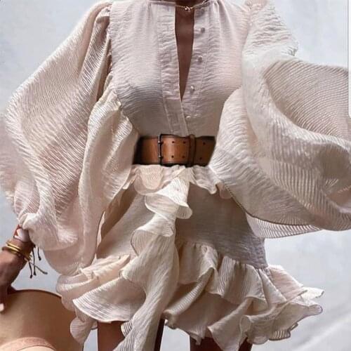 New Arrival 2021 Sexy Women Elegant Casual Dress Batwing Sleeve Ruffles High Waist with Sashe Vintage Dress