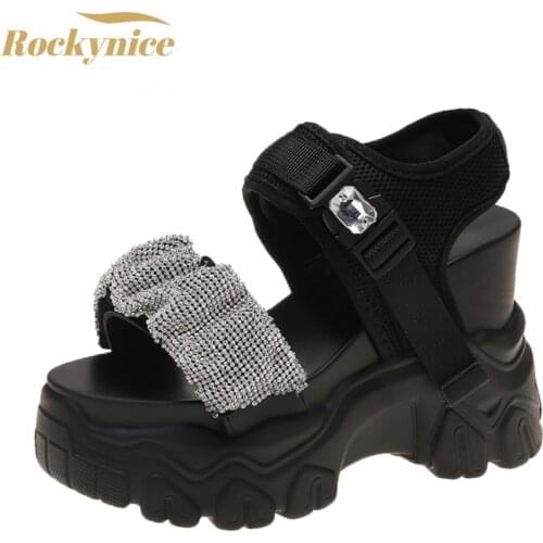 Bling Shoes Woman Platform Sandals New Summer Breathable Mesh Beach Slippers Women 11cm Walking Buckle Sandalias Casual Footwear