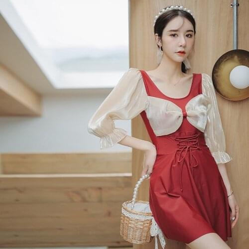 Plus Size Red Half Sleeve Swimsuit Women One Piece Solid Swimwear Front Bow Bathing Suit L-4XL Pleated Skirts Padded Wireless