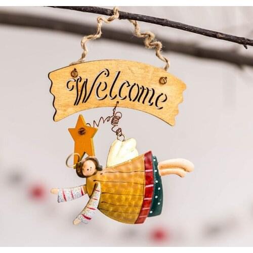 Vintage Retro Christmas Angel Doll Decoration Welcome Door Hanging Plate Wooden Sign Pendant Xmas Home Decor 4 PCS