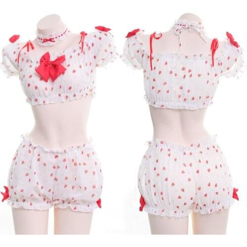 8 Styles Shimapan Anime Style Green Pink Striped Strawberry Womens Lingerie 2PCS Set Bra & Panties Bikini Tie Version Cute