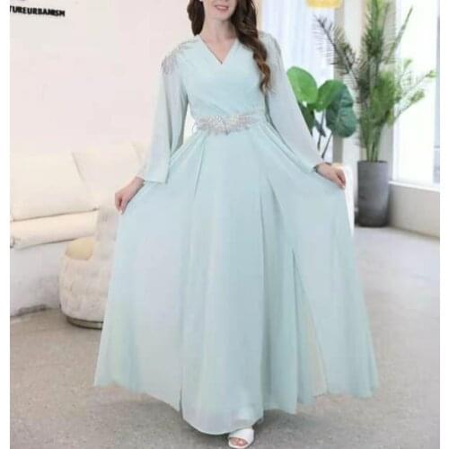 Floor Length Chiffon Long Light Blue Prom Dresses with Pockets Robe De Soiree Formal V-Neck Beaded Party Dresses for Women