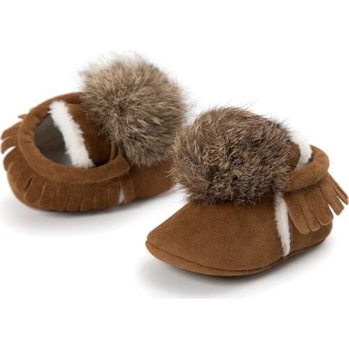 Winter fur ball 0-1 years old men and women baby shoes 6-12 months plus velvet warm soft bottom anti-skid toddler shoes