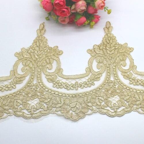 1 Yard Gold Embroidery Lace Appliqued Champagne Gold Lace Trims Light Tulle Lace Fabric Scalloped Bridal Sashes 23-31CM