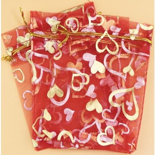 11x16cm (4.3"x6.3") 500pcs Red Organza Bags Heart Wedding Favor Candy Jewelry Packaging Bags Organza Pouches Drawstring Gift Bag