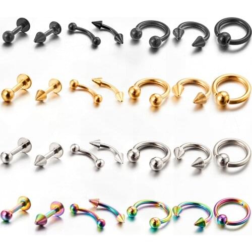 7pcs/set Fashion Gold Black Color Ear Piercing Earrings for Women Nasal Bone Nose Ring Cartilage Stainless Steel Earring Sets