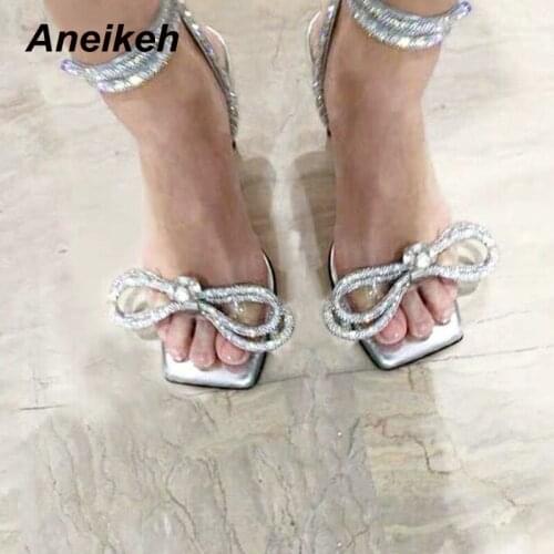Aneikeh 2021 Summer Women Shoes Ankle Strap Fashion New Square Toe Solid Sandals Stiletto Heels PU Bling Silvery Size 34-40