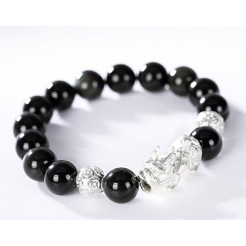 Natural obsidian bracelet with silver inlay 925 bracelets for women men charm bracelet brave troops bangles 925 sterling silver