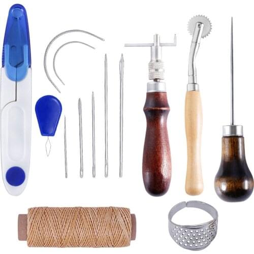 14Pcs/Set Leather Sewing Tools DIY Leather Craft Tools Hand Stitching Tool Kit with Groover Awl Waxed Thread Thimble Kit
