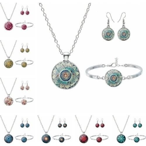 Mandala Jewelry Set Necklace Bracelet Earrings India Yoga Glass Cabochon Pendant for Womens fashion Gift Friendship Jewelry Set