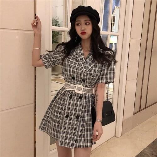Retro French Women Short Sleeve Mini Dress Cute Sweet Turn Down Neck Harajuku Plaid A Line Dress Vintage Sashed Slim Mini Dress