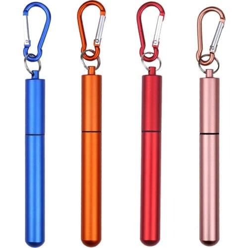 Reusable Stainless Steel Straws with Aluminum Keychain Case Cleaning Brush Collapsible Telescopic Portable Drinking Straws