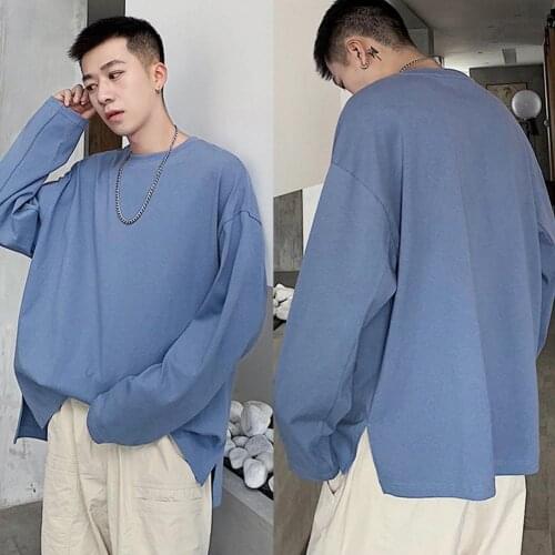 Mens Cotton T-shirt Casual T-shirt Solid Color O Neck Long Sleeve Side Slitting Loose Cotton Top Streetwear Plus size T-shirt