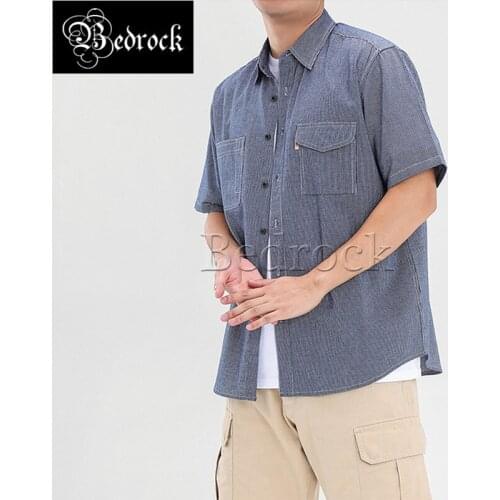 MBBCAR 2021 new mens vintage striped denim shirt Summer necessary thin short shirt washed shirt Brand resin buttons 9173