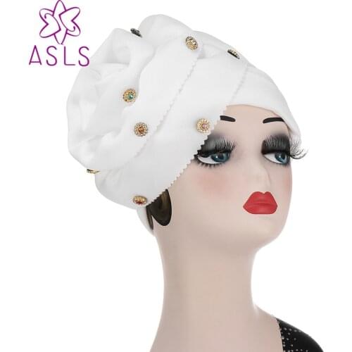 2021 New Fashion Elegant New Beaded Nail Drill Hand-crafted Hat Large Flower Flanging Solid Color Cap Space Cotton Women Turban