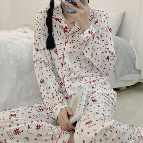 Womens Cute Cartoon Pajamas Set Turn-down Collar Pyjamas Long Sleeves Suit Soft Female Sleepwear Autumn Homewear Home Services