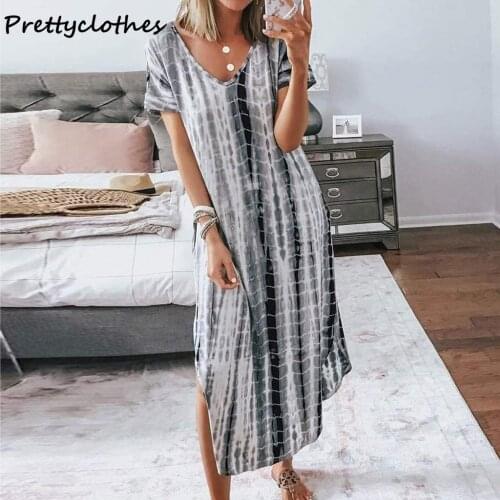 Fashion New Printed Tie-Dye Split V-Neck Loose And Thin Large Size Irregular Dress Clothing Short Sleeve Dresses For Women 2021