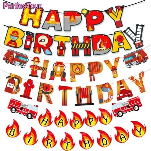 1set Fire Truck Happy Birthday Banner Fire Engine Rescue Paper Banners Firefighter Theme Kids Birthday Party Supplies