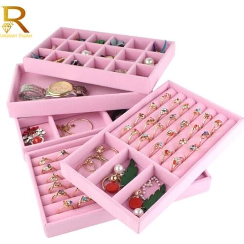 Pink Suede Ring Earrings Tray Necklace Holder Organizer Jewelry Display Stand Rack Showcase Plate Jewelry Box