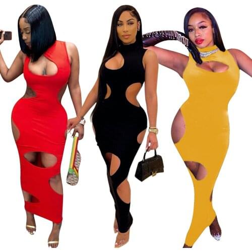 Sexy Hollow Out Solid Long Dress Women Sleeveless Irregular Bodycon Vestodos Night Club Wear Fashion Outdoor Robes