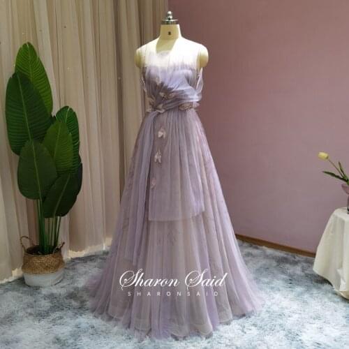 Sexy Spaghetti Straps Backless Prom Dresses 2021 Lilac 3D Flowers Tulle Long Evening Dress A-line Sweet Graduation Party Gowns